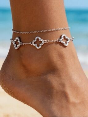 Target Silver Double Anklet with Clover CZ Charms